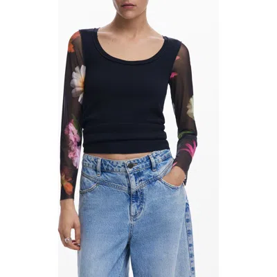 Desigual Floral Long Sleeve Rib T-shirt In Black