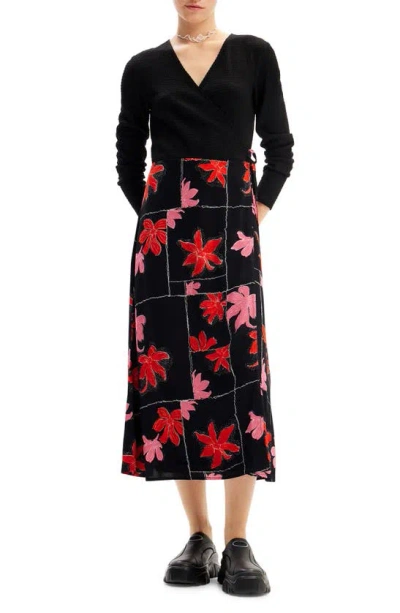 Desigual Floral Wrap Midi Dress In Black