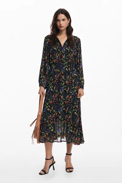 Desigual Floral Midi Dress In Black