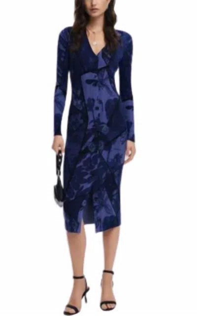 Desigual Blue Floral Long Sleeve Button Front Dress