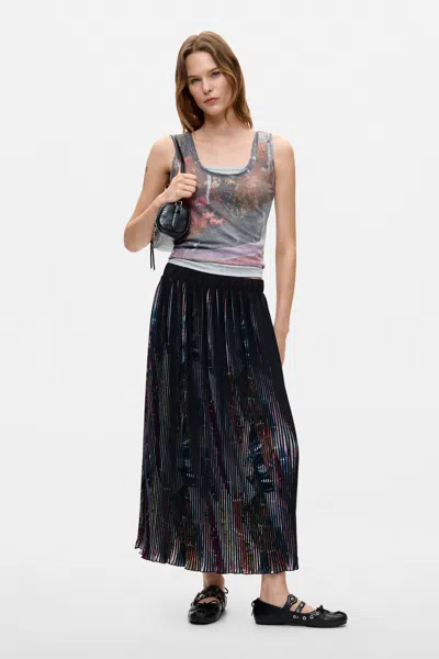 Desigual Floral Midi Pleated Skirt In Black