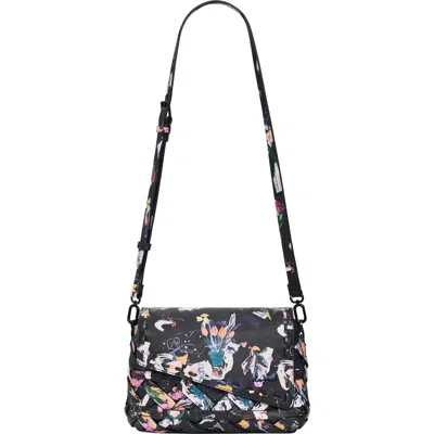 Desigual Floral Pattern Faux Leather Crossbody Bag In Black