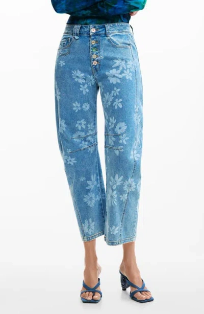 Desigual Floral Pattern Straight Leg Jeans In Blue