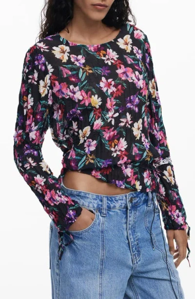 Desigual Floral Pintuck Top In Black