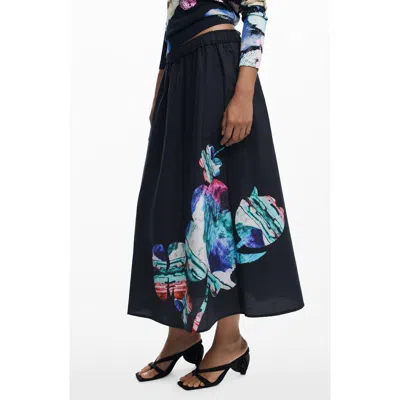 Desigual Floral Print A-line Skirt In Black