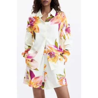 Desigual Floral Print Button-up Shirt In White