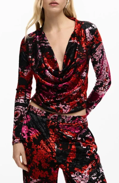Desigual Floral Print Cowl Neck Long Sleeve Shirt In Black