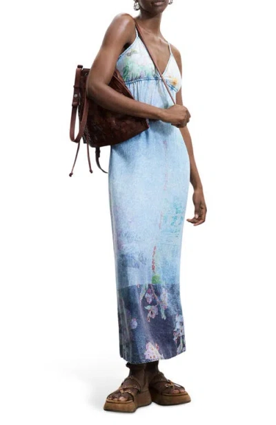 Desigual Floral Print Denim Dress In Blue