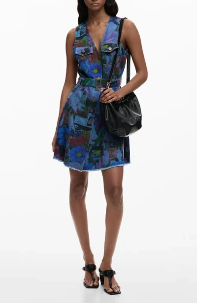 Desigual Floral Print Denim Minidress In Blue