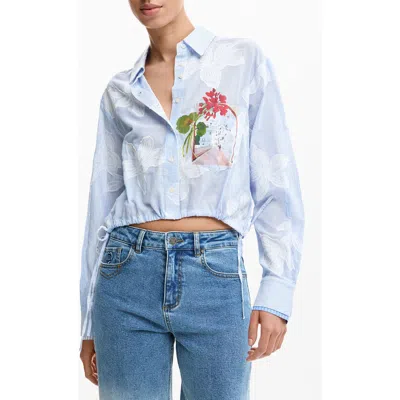 Desigual Floral Print Drawstring Crop Button-up Top In Blue