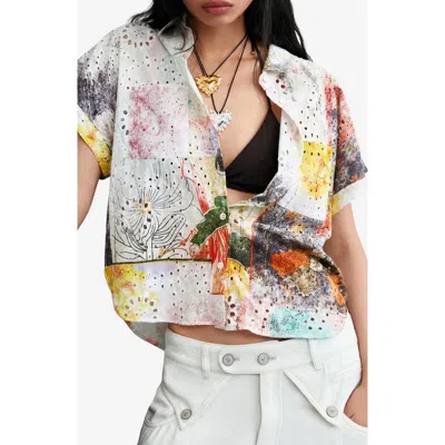 Desigual Floral Print Eyelet Button-up Shirt In Multi