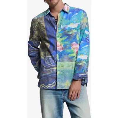 Desigual Floral Print Long Sleeve Button Up Shirt In Military Green