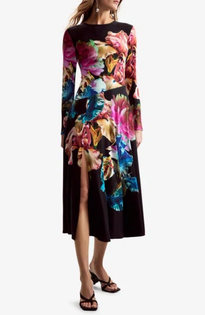 Desigual Floral Print Long Sleeve Midi Dress In Black