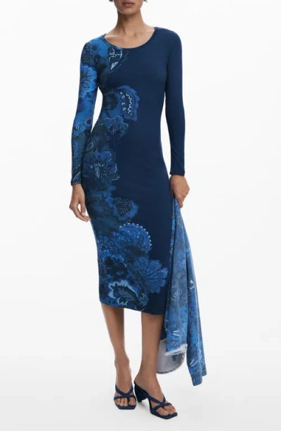 Desigual Floral Print Long Sleeve Midi Dress In Blue