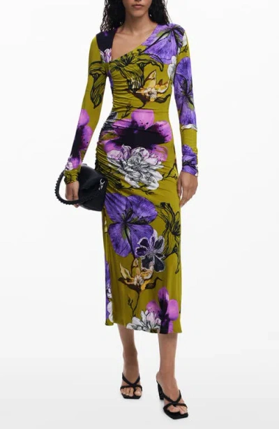Desigual Floral Print Long Sleeve Midi Dress In Multi