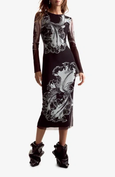 Desigual Floral Print Long Sleeve Midi Dress In Multi