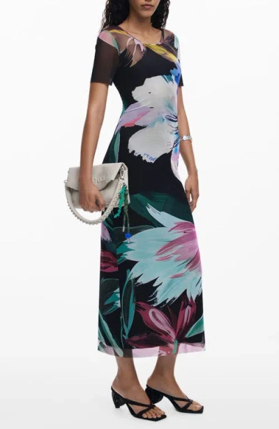 Desigual Floral Print Mesh Maxi Dress In Black