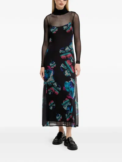Desigual Floral Print Midi Dress In Black