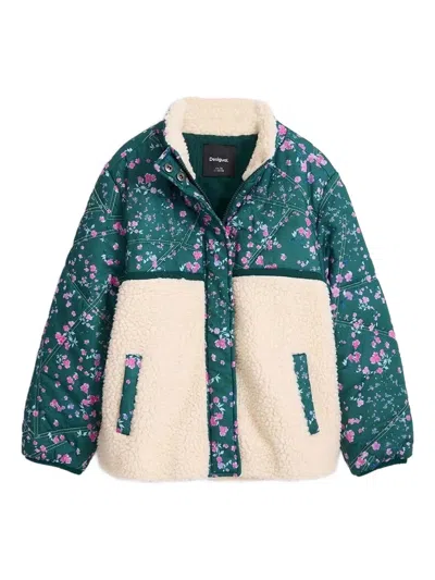 Desigual Kids' Floral-print Pannelled Padded Jacket In Green