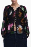 Desigual Floral Flowly Button Blouse In Black W/flowers In Black