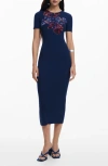 Desigual Floral Print Rib Midi Dress In Navy Blue