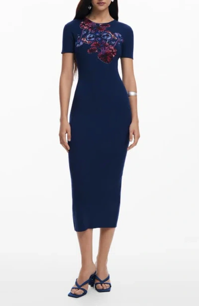 Desigual Floral Print Rib Midi Dress In Navy Blue