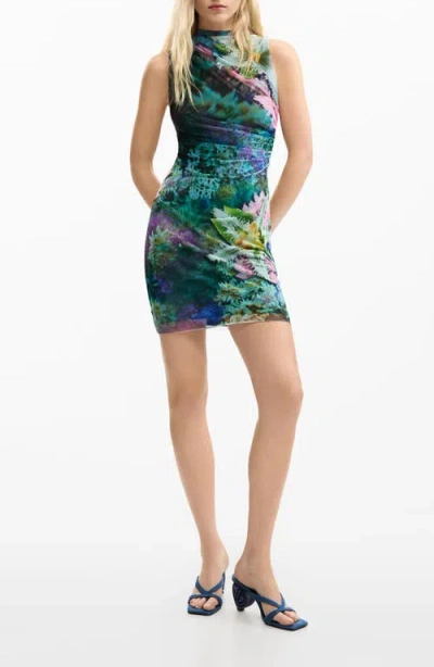 Desigual Floral Print Ruched Mesh Minidress In Green