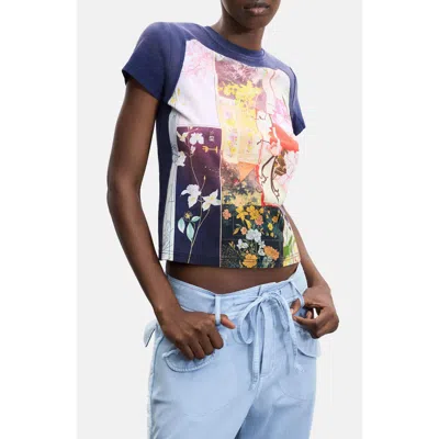 Desigual Floral Print Stretch Cotton T-shirt In Blue