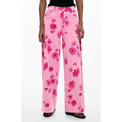 Desigual Floral Print Wide Leg Jeans In Pink