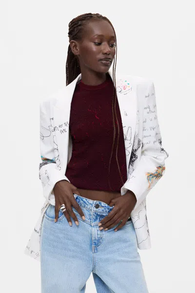 Desigual Floral Printed Coat In White