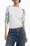 Desigual Floral Raglan Sleeve Crewneck Sweater In White
