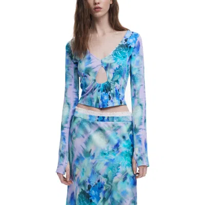 Desigual Floral Rib Cotton Top In Blue