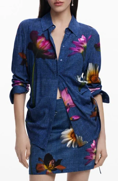 Desigual Floral Ruched Side Denim Button-up Shirt In Bright Blue