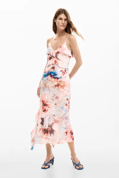 Desigual Floral Print Ruffle Dress In Multi