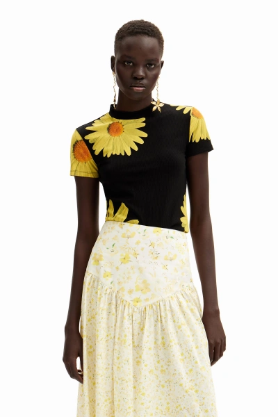 Desigual Floral Ruffle Midi Skirt In Yellow