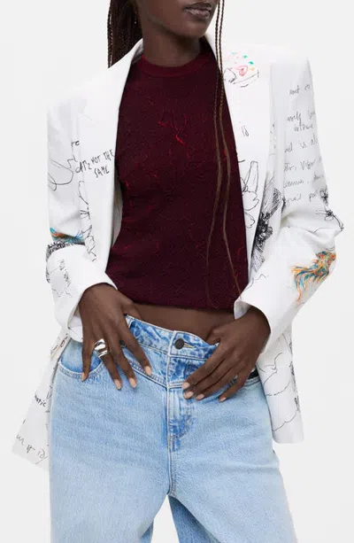 Desigual Floral Scribble Print Blazer In White