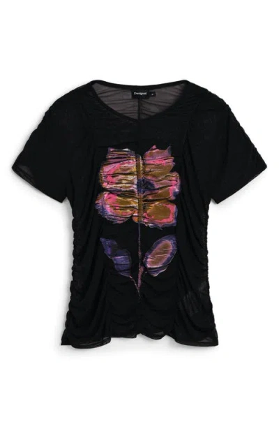 Desigual Floral Semi Sheer Tulle Crop T-shirt In Black