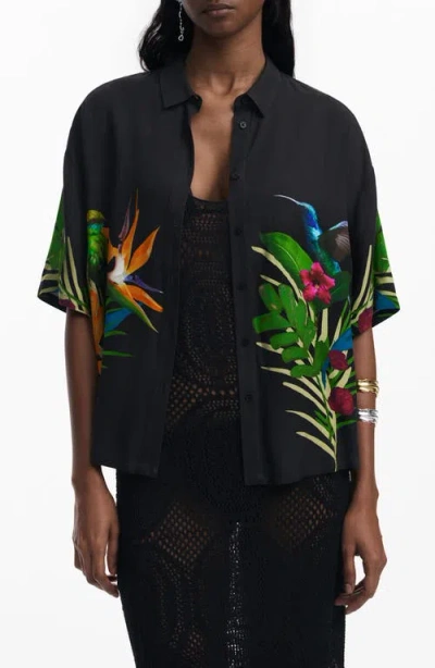 Desigual Floral Short Sleeve Cover-up Shirt In Black