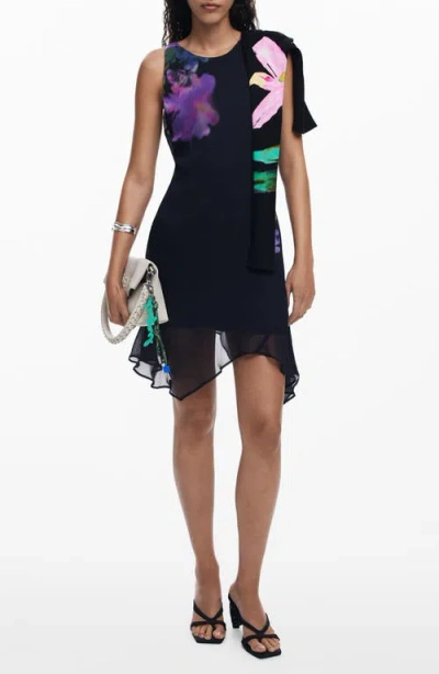 Desigual Floral Sleeveless Chiffon Trapeze Dress In Black