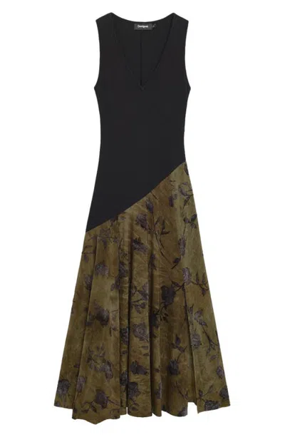 Desigual Floral Sleeveless Mixed Media Midi Dress In Black