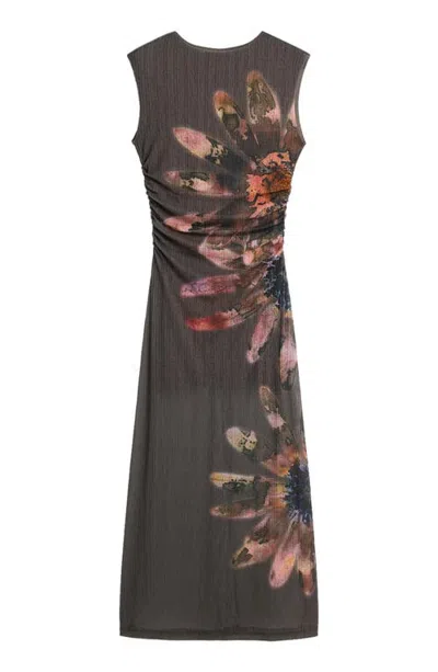 Desigual Floral Sleeveless Ruched Knit Dress In Gray