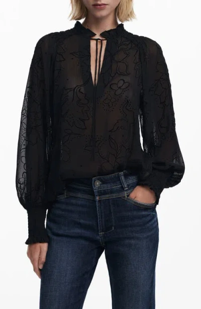 Desigual Floral Split Neck Popover Top In Black