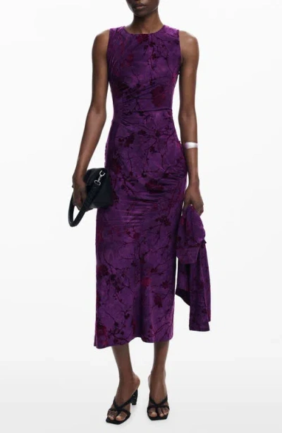 Desigual Floral Stretch Velvet Midi Dress In Purple