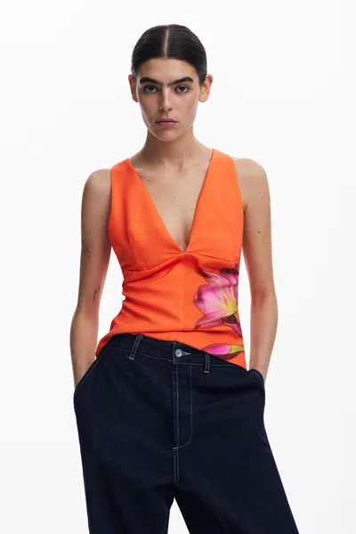 Desigual Floral T-shirt In Orange