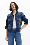 Desigual Floral Trucker Denim Jacket In Blue