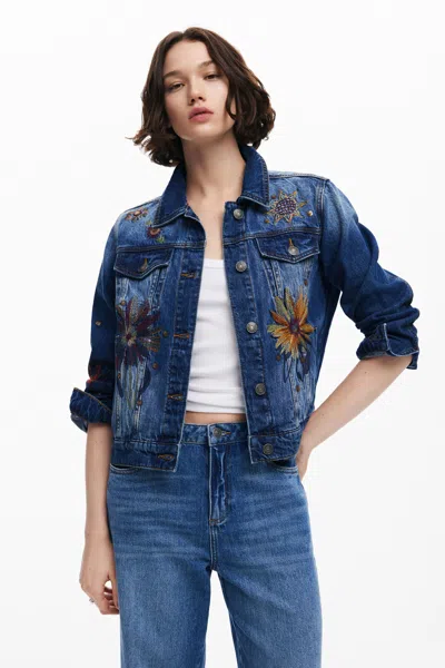 Desigual Floral Trucker Denim Jacket In Blue