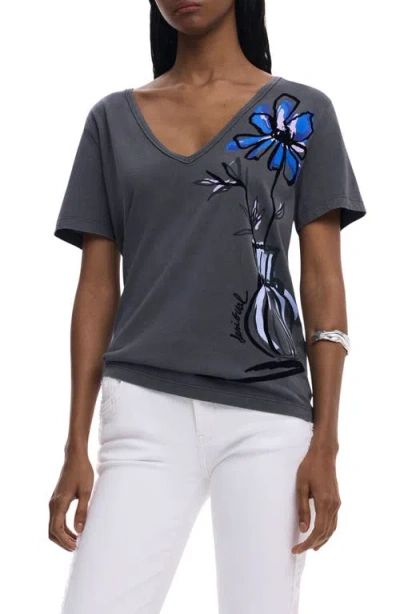 Desigual Floral V-neck Cotton Graphic T-shirt In Gray