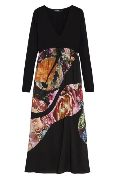 Desigual Floral V-neck Midi Dress In Black