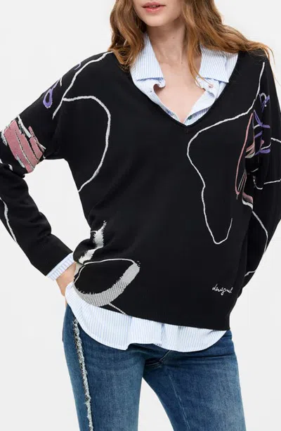 Desigual Floral V-neck Sweater In Black