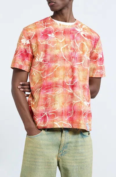 Desigual Floral Windowpane Cotton T-shirt In Light Pink